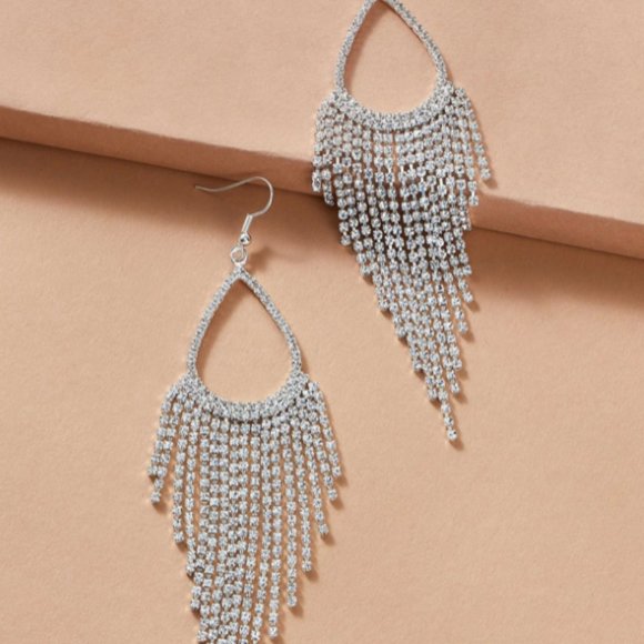 Silver Rhinestone Tassel Decor Drop Earrings, SIlver Tassel bling Earrings - Picture 4 of 4